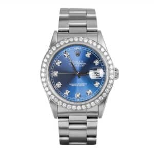 Rolex Datejust 16200 36mm Blue Aftermarket Diamond Dial and Diamond Bezel Watch
