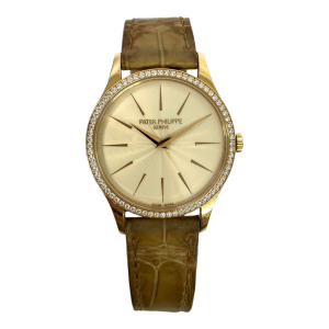 Patek Philippe Calatrava 33mm Rose Gold Diamonds Bezel Manual 4897R-010 CHAMPAGNE BEIGE CALFSKIN