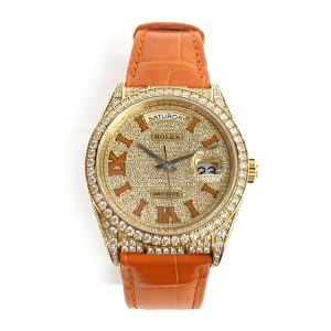 Rolex Day-Date 36mm Diamond Bezel Diamond Case Yellow Gold on Strap 128158RBR PAVE DIAMOND ORANGE CROCODILE