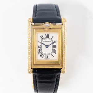 Cartier Tank Basculante Quartz Diamond Bezel - 23mm x 37mm - Yellow Gold WA202251 WHITE ROMAN BLACK CROCODILE