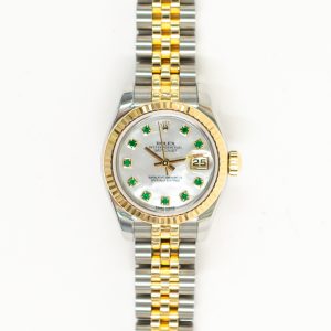 Rolex Lady Datejust 26mm Steel and Yellow Gold 179173NGE WHITE MOP EMERALDS JUBILEE