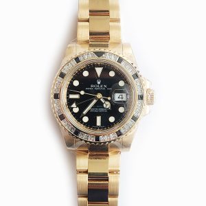 Rolex GMT-Master II Diamond and Black Sapphire Bezel Yellow Gold 116748SANR BLACK OYSTER