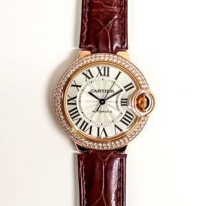 Cartier Ballon Bleu 33mm Diamond Bezel Rose Gold WE902036 SILVER ROMAN BROWN CROCODILE