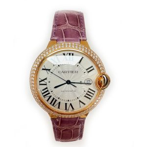 Cartier Ballon Bleu 42mm Diamond Bezel Rose Gold WJBB0031 SILVER ROMAN PURPLE CROCODILE
