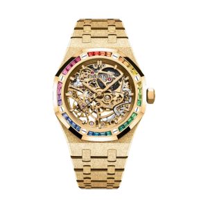 Audemars Piguet Royal Oak Double Balance Wheel Openworked 18K Yellow Gold Frosted Finish Rainbow Sapphire Bezel 37mm 15468BA.YG.1259BA.01