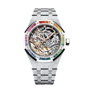 Audemars Piguet Royal Oak Double Balance Wheel Openworked 18K White Gold Frosted Finish Rainbow Sapphire Bezel 37mm 15468BC.YG.1259BC.01B