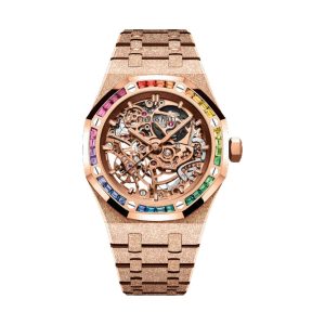 Audemars Piguet Royal Oak Double Balance Wheel Openworked 18K Rose Gold Frosted Finish Rainbow Sapphire Bezel 37mm 15468OR.YG.1259OR.01