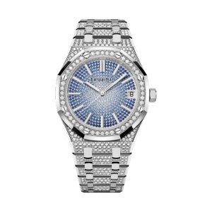 Audemars Piguet Royal Oak 50th Anniversary 18K White Gold Factory Baguette Blue Sapphire Bezel Blue Dial 41mm 15512BC.ZZ.1322BC.01