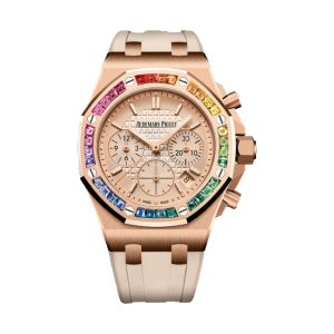 Audemars Piguet Royal Oak Offshore Chronograph 18K Rose Gold Factory Baguette Rainbow Sapphire Bezel Pink Dial 37mm 26236OR.YY.D085CA.01