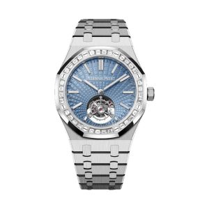 Audemars Piguet Royal Oak Selfwinding Flying Tourbillon 950 Platinum Factory Baguette Diamond Bezel Light Blue Dial 41mm 26535PT.ZZ.1220PT.01