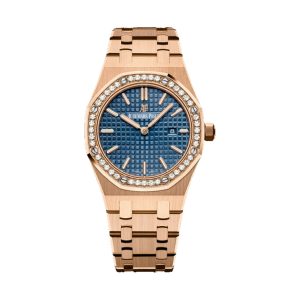 Audemars Piguet Royal Oak Quartz 18K Rose Gold Factory Diamond Bezel Blue Dial 33mm 67651OR.ZZ.1261OR.02