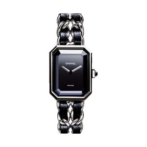 Chanel Premiere Stainless Steel Chain Bracelet Black Lacquer Dial Medium H0451
