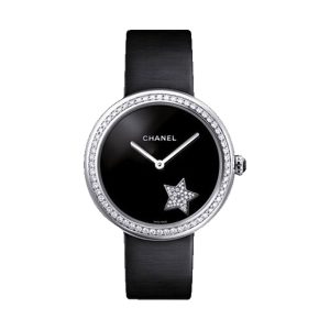 Chanel Mademoiselle Prive 18K White Gold Diamond Bezel Black Lacquer Dial H2928