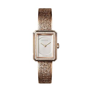 Chanel BOYFRIEND TWEED 18K Beige Gold Diamond Bezel Small Bracelet H4881