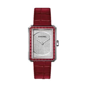 Chanel BOYFRIEND RUBIES 18K White Gold Ruby Bezel Red Strap 34.6x26.7mm H5086