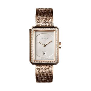 Chanel BOYFRIEND TWEED 18K Beige Gold Diamond Bezel Quilted Bracelet H5315