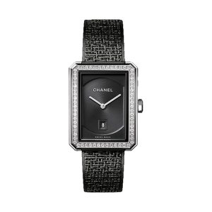 Chanel BOYFRIEND TWEED Stainless Steel Diamond Bezel Black Dial 34.6x26.7mm H5318