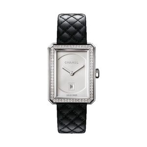 Chanel BOYFRIEND Stainless Steel Diamond Bezel Black Strap 34.6x26.7mm H6402