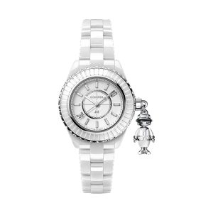 Chanel Mademoiselle J12 Acte II White Ceramic 18K White Gold Diamond Charm 33mm H6478