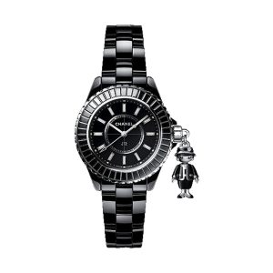 Chanel Mademoiselle J12 Acte II Black Ceramic 18K White Gold Diamond Charm 33mm H6479