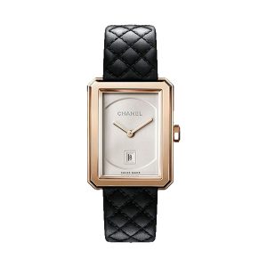 Chanel BOYFRIEND 18K Beige Gold Opaline Dial Black Strap 34.6x26.7mm H6588