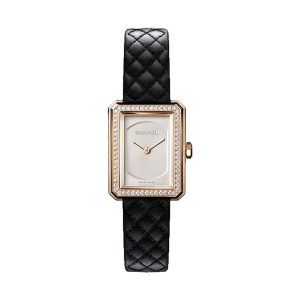 Chanel BOYFRIEND 18K Beige Gold Diamond Bezel Small Black Strap H6590