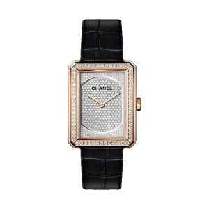 Chanel BOYFRIEND 18K Beige Gold Diamond Bezel Black Strap 34.6x26.7mm H6593