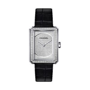 Chanel BOYFRIEND 18K White Gold Diamond Bezel Black Strap 34.6x26.7mm H6674
