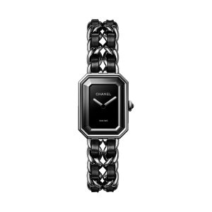 Chanel Premiere Iconic Chain Steel Black Leather Interwoven Bracelet H7022