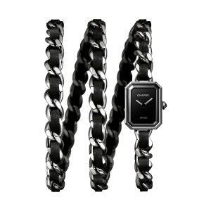 Chanel Premiere Iconic Chain Triple Row Steel Black Leather Bracelet H7023