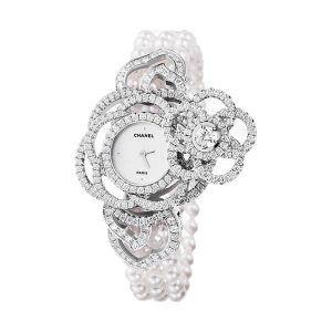 Chanel Camelia Jewelry Secret Watch 18K White Gold Diamond Cultured Pearls J10576