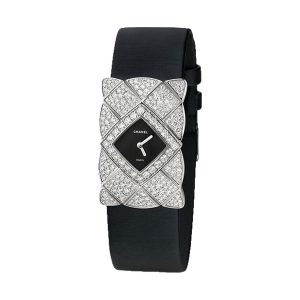 Chanel Coco Crush Jewelry Quartz 18K White Gold Quilted Motif Black Satin J11350