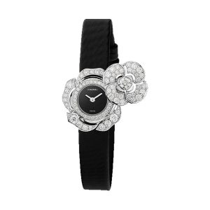 Chanel Camelia Jewelry Quartz Secret Watch Diamond Case Black Satin J11460