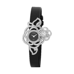 Chanel Camelia Jewelry Secret Watch 18K White Gold Medium Black Satin J3755
