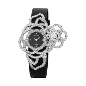 Chanel Camelia Jewelry Secret Watch 18K White Gold Black Satin Strap J3940