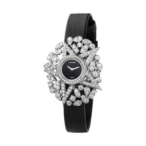 Chanel Comete Jewelry Watch Star Motif 18K White Gold Satin Strap J60503