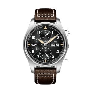 IWC Pilot's Watch Chronograph Spitfire Stainless Steel Black Dial Brown Strap 41mm IW387903