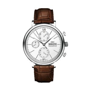 IWC Portofino Chronograph Stainless Steel Silver Dial Brown Leather Strap 42mm IW391027