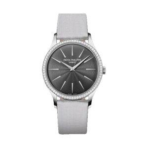 Patek Philippe Calatrava Ladies 18K White Gold Factory Diamond Bezel Charcoal Gray Guilloché Dial 33mm 4897G-010