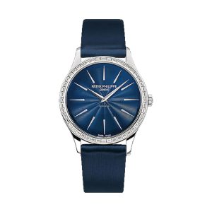 Patek Philippe Calatrava Ladies 18K White Gold Factory Baguette Diamond Bezel Night Blue Guilloché Dial 33mm 4897/300G-001
