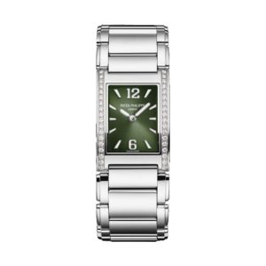 Patek Philippe Twenty~4 Quartz Stainless Steel Factory Diamond Bezel Olive Green Sunburst Dial 25x30mm 4910/1200A-011