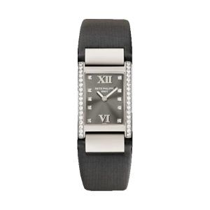 Patek Philippe Twenty~4 Quartz 18K White Gold Factory Diamond Bezel Medium Charcoal Gray Dial 25x30mm 4920G-001