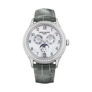 Patek Philippe Complications Ladies Annual Calendar 18K White Gold Factory Diamond Bezel White MOP Dial 38mm 4948G-010