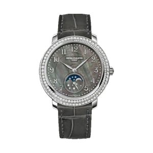Patek Philippe Complications Diamond Ribbon Moon Phase 18K White Gold Spiral Diamond Bezel Black Tahitian MOP Dial 33.3mm 4968G-001
