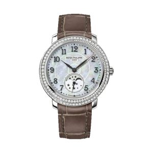Patek Philippe Complications Diamond Ribbon Moon Phase 18K White Gold Spiral Diamond Bezel White MOP Dial 33.3mm 4968G-010