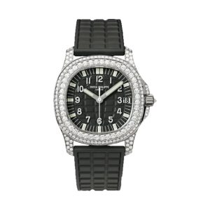 Patek Philippe Aquanaut Ladies 18K White Gold Factory Diamond Bezel Black Dial 35.6mm 5069G-001
