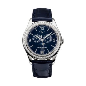 Patek Philippe Complications Annual Calendar Moon Phase 18K White Gold Factory Diamond Bezel Navy Blue Dial 39mm 5147G-001