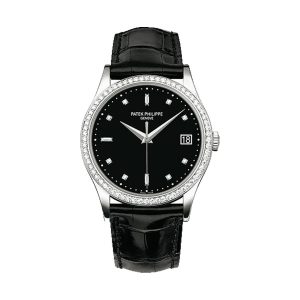 Patek Philippe Calatrava 18K White Gold Factory Diamond Bezel Black Dial 38mm 5297G-001