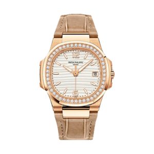 Patek Philippe Nautilus Ladies Quartz 18K Rose Gold Diamond Bezel Silvery White Dial Composite Strap 32mm 7010R-011