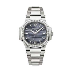Patek Philippe Nautilus Ladies Automatic Stainless Steel Factory Diamond Bezel Blue MOP Dial 33.6mm 7018/1A-010